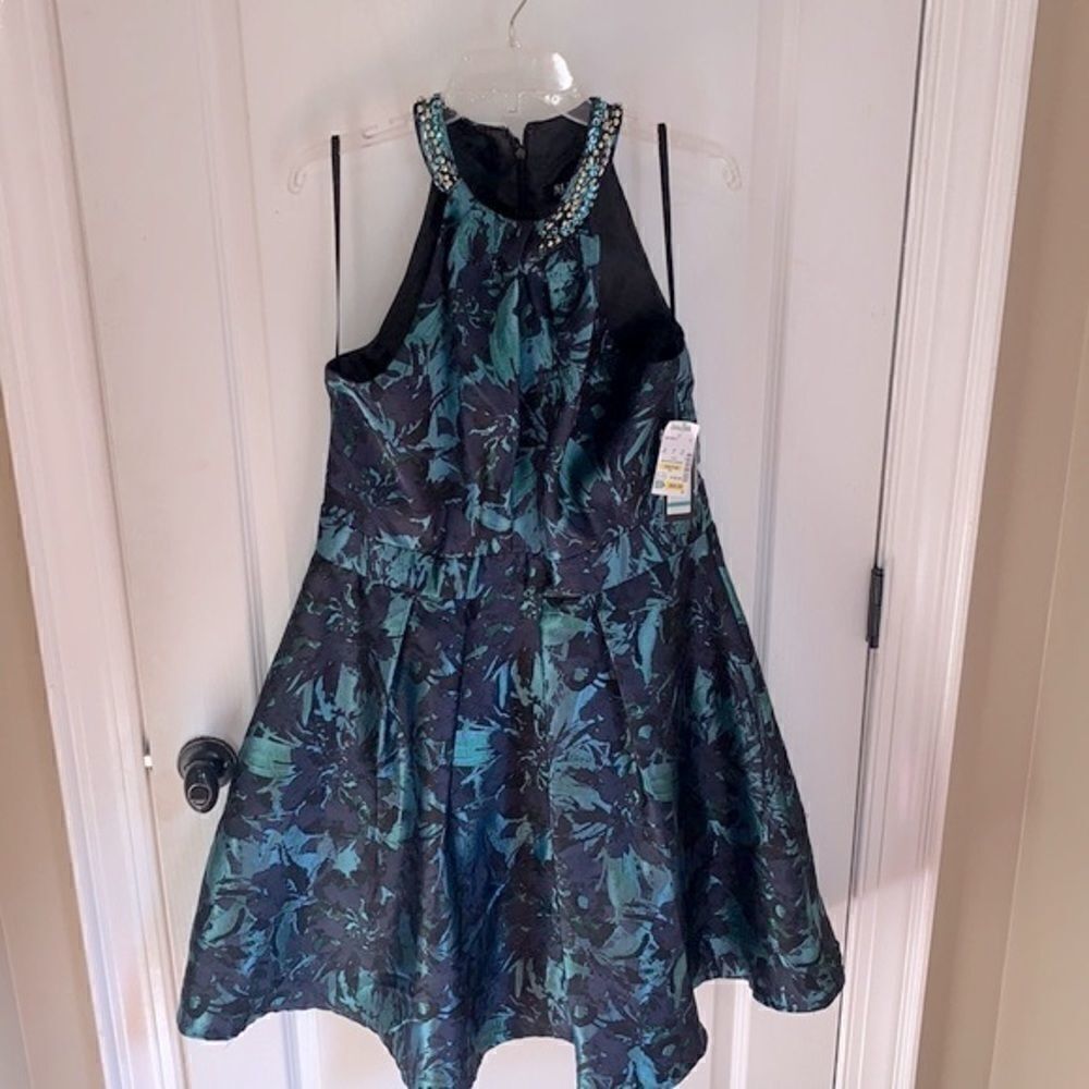 SLNY SL Fashions NY teal black halter dress